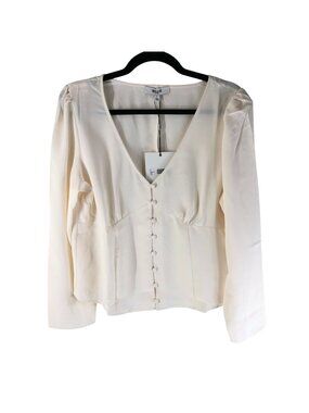 Billie the Label Jacinda Puff Sleeve Top Button Front V Neck Blouse Ivory Size L